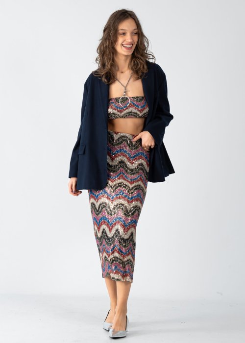 Spódnica damska midi w kolorowe zygzaki z cekinami, prosty krój, elegancka moda damska