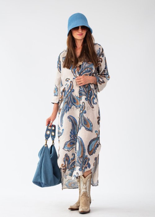 Sukienka Lniana Molina Long Beżowa z Wzorami