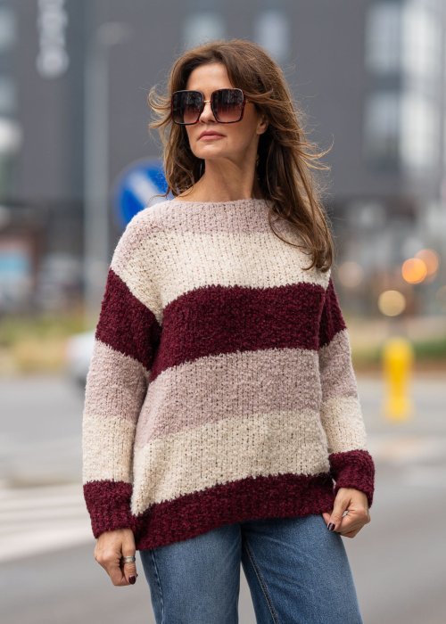 Sweter Caro beżowo-bordowo-różowy