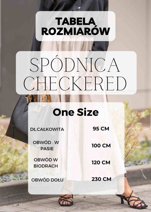 Długa spódnica damska w kratę w odcieniach turkusu, beżu i bieli, prosty krój, naturalny materiał, letnia stylizacja boho