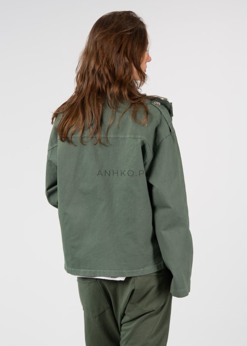 Lekka kurtka z falbaną z przodu w głębokim khaki kolorze, doskonała do casualowych stylizacji