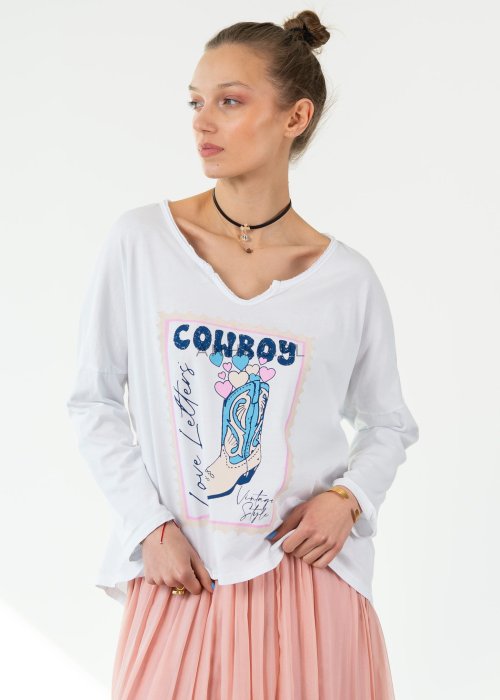 Bluzka damska biała z nadrukiem cowboy – luźna bluzka casual