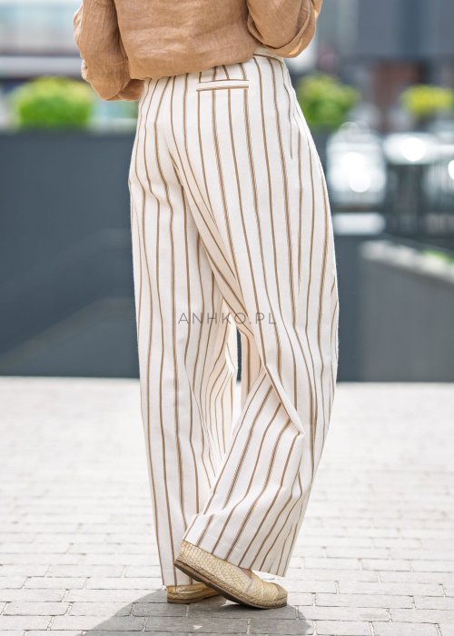 Lniane spodnie damskie w beżowe pasy, szeroka nogawka, wysoki stan, letnia moda boho