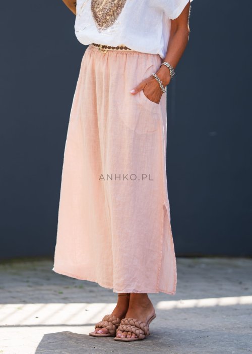 Jasnoróżowa lniana spódnica maxi z kieszeniami, rozcięciami po bokach i elastyczną talią w stylu boho z naturalnego materiału
