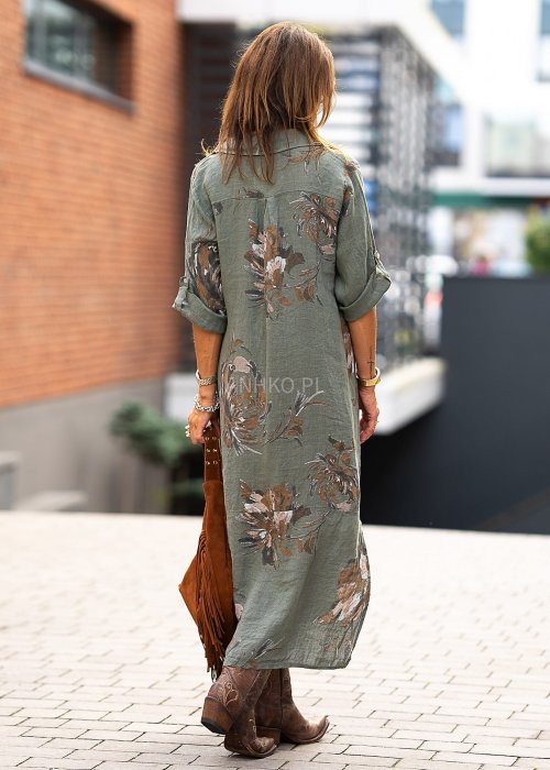 Sukienka Lniana Molina Long Flower Khaki