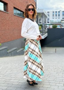 Spódnica w Kratę Checkered Beżowo-Turkusowa 