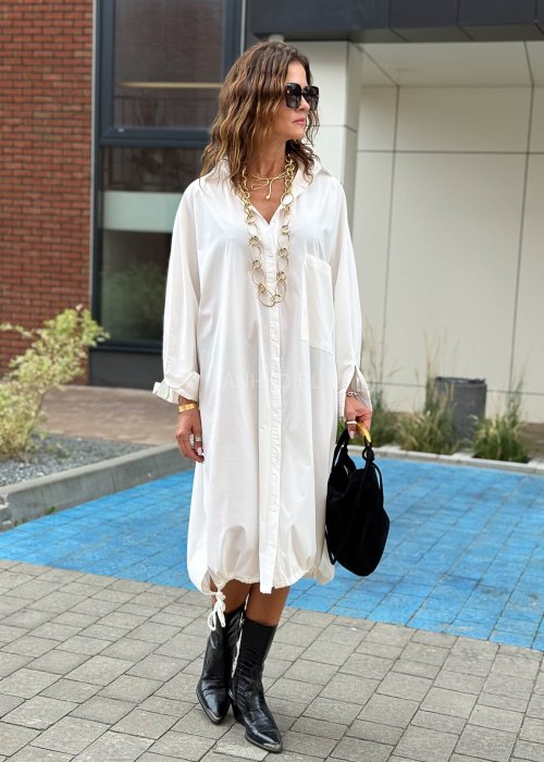 Biała sukienka koszulowa oversize midi z długim rękawem, kieszenią i ściągaczem u dołu w stylu casualowym