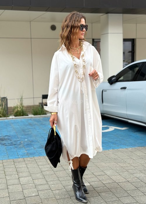 Biała sukienka koszulowa oversize midi z długim rękawem, kieszenią i ściągaczem u dołu w stylu casualowym
