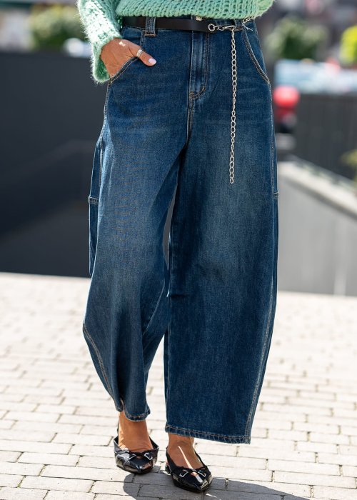 Jeansy damskie wide leg w kolorze granatowym, długie z wysokim stanem i szeroką nogawką, klasyczna moda uliczna
