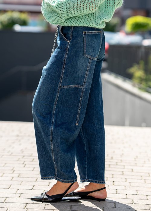 Jeansy damskie wide leg w kolorze granatowym, długie z wysokim stanem i szeroką nogawką, klasyczna moda uliczna
