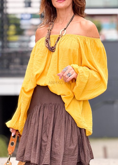 Żółta bluzka damska hiszpanka z odkrytymi ramionami, luźny oversize krój z szerokimi rękawami w stylu boho
