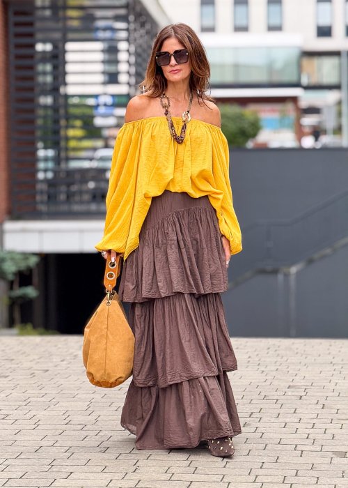 Żółta bluzka damska hiszpanka z odkrytymi ramionami, luźny oversize krój z szerokimi rękawami w stylu boho