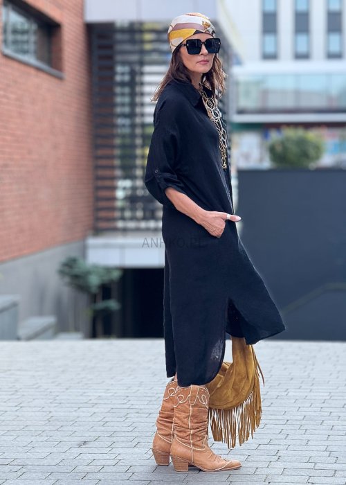 Czarna lniana sukienka koszulowa midi z kołnierzykiem i długim rękawem, luźny krój oversize w stylu boho