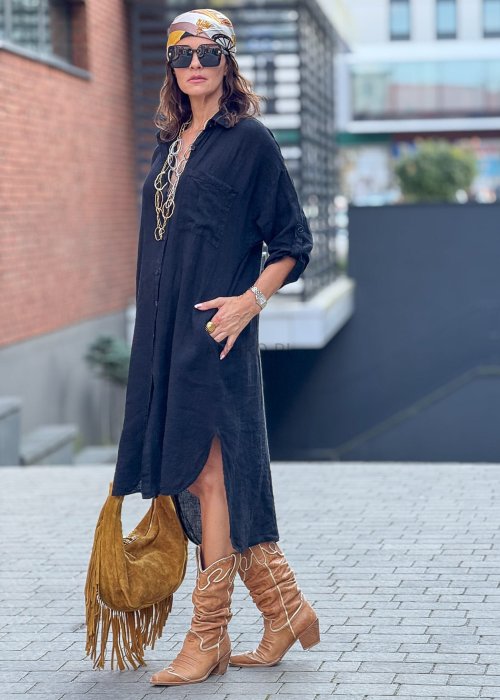 Czarna lniana sukienka koszulowa midi z kołnierzykiem i długim rękawem, luźny krój oversize w stylu boho
