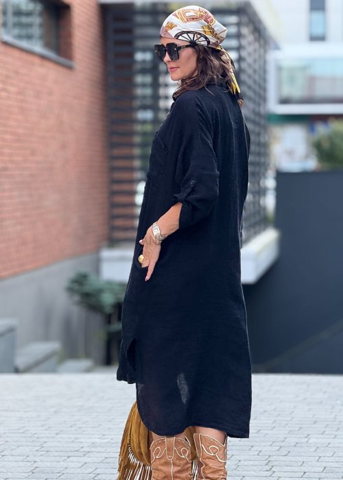Czarna lniana sukienka koszulowa midi z kołnierzykiem i długim rękawem, luźny krój oversize w stylu boho