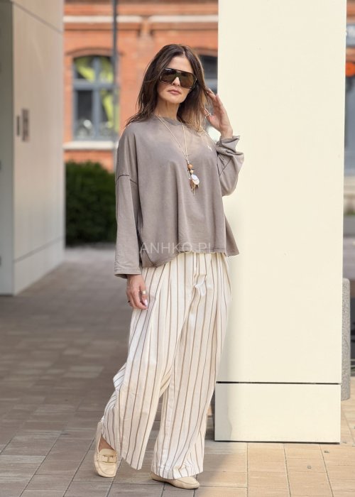 Lniane spodnie damskie w beżowe pasy, szeroka nogawka, wysoki stan, letnia moda boho