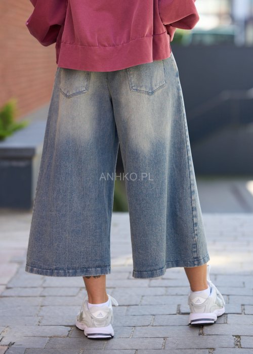 Damskie jeansowe spodnie culottes o szerokiej nogawce, długość 7/8, przetarcia w stylu vintage, casualowy fason