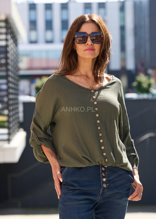 Bluzka damska w kolorze khaki z długim rękawem i ozdobnymi guzikami, luźny fason casual