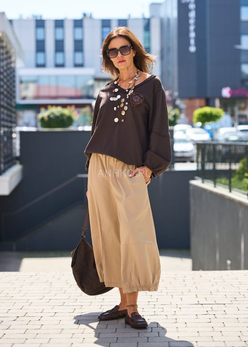 Beżowe spodnie damskie szerokie 7/8 z gumką w pasie, luźny fason, moda damska casual
