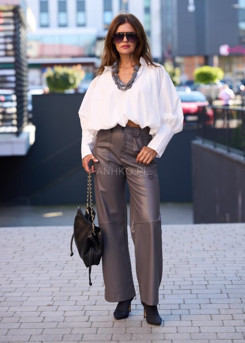 spodnie damskie z eko skóry, prosty krój wide leg, wysoki stan, nowoczesna elegancja