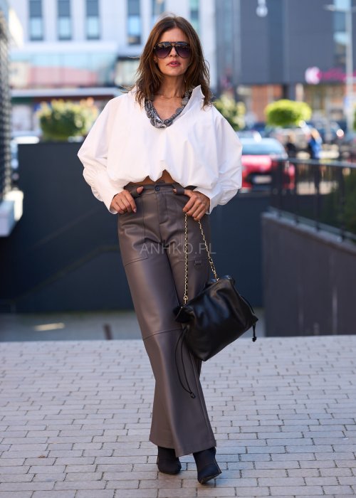 spodnie damskie z eko skóry, prosty krój wide leg, wysoki stan, nowoczesna elegancja