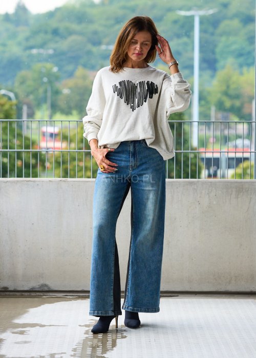 Jeansy damskie z szeroką nogawką w kontrastowym dwukolorowym denimie, wysoki stan, moda streetwear