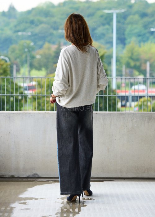 Jeansy damskie z szeroką nogawką w kontrastowym dwukolorowym denimie, wysoki stan, moda streetwear