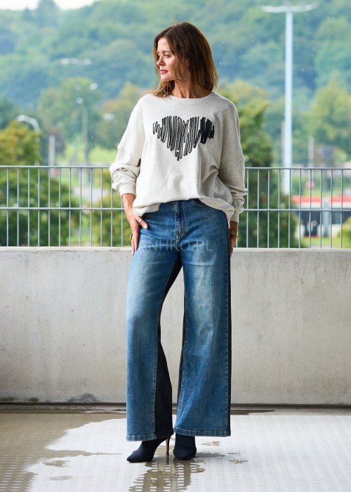 Jeansy damskie z szeroką nogawką w kontrastowym dwukolorowym denimie, wysoki stan, moda streetwear