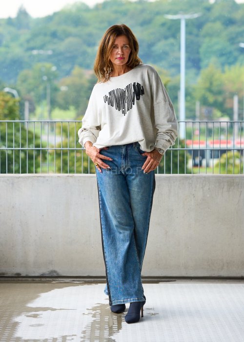 Jeansy damskie z szeroką nogawką w kontrastowym dwukolorowym denimie, wysoki stan, moda streetwear