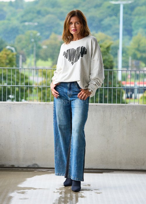 Jeansy damskie z szeroką nogawką w kontrastowym dwukolorowym denimie, wysoki stan, moda streetwear