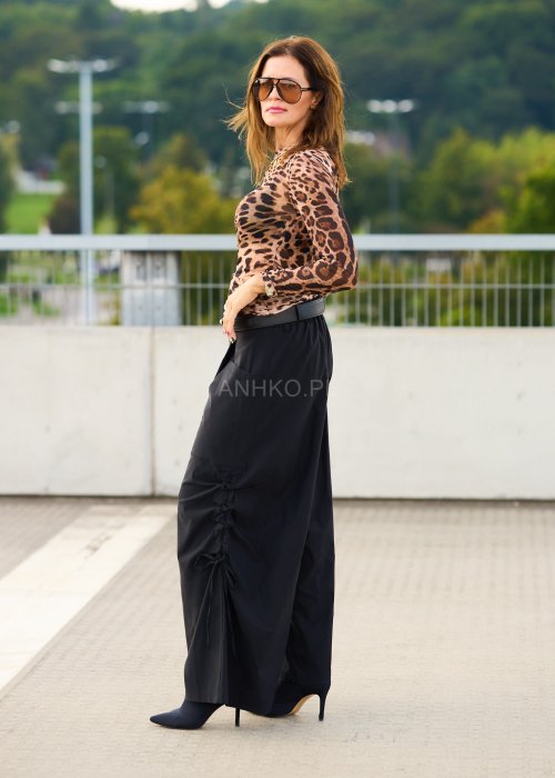 Bluzka damska z siateczki w zwierzęcy print leopard, dopasowany krój, długi rękaw, moda elegancka