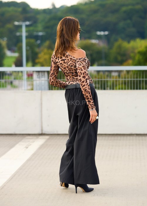Bluzka damska z siateczki w zwierzęcy print leopard, dopasowany krój, długi rękaw, moda elegancka