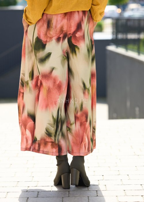 Luźne spodnie damskie z wysokim stanem i szeroką nogawką, pastelowy kwiatowy print, styl boho