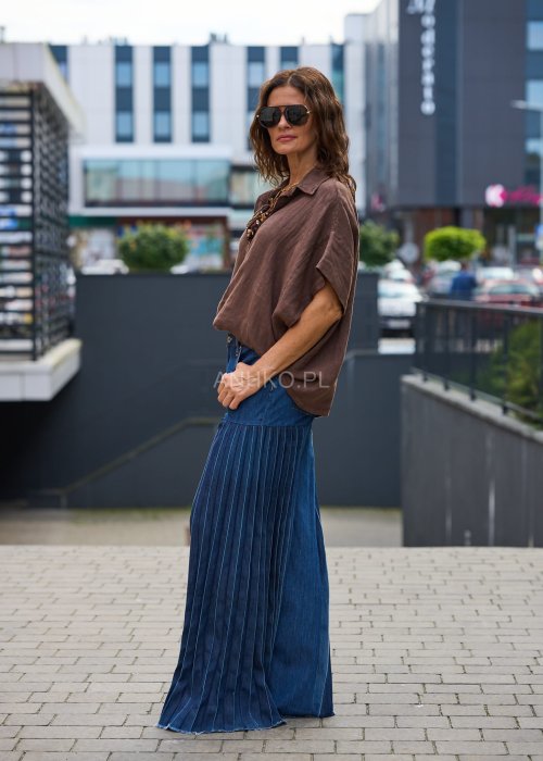 Brązowa lniana koszula oversize z kołnierzykiem i krótkim rękawem