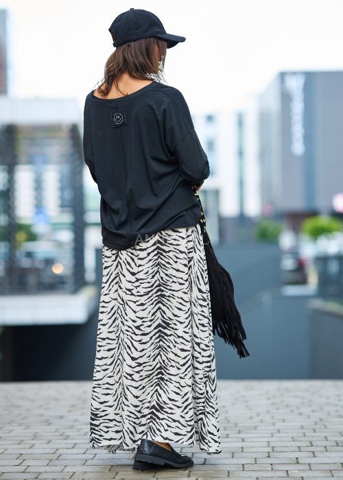 Spódnica maxi zebra print lekka, długa spódnica w biało-czarny wzór zebry