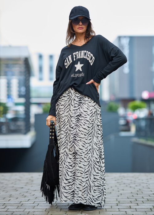 Spódnica maxi zebra print lekka, długa spódnica w biało-czarny wzór zebry
