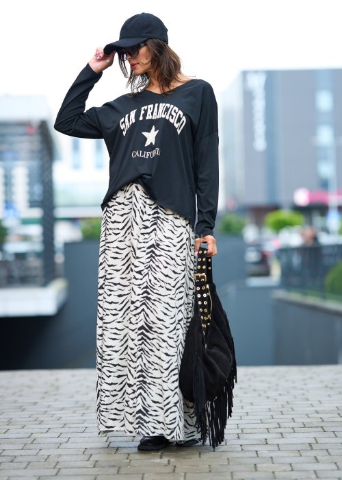 Spódnica maxi zebra print lekka, długa spódnica w biało-czarny wzór zebry