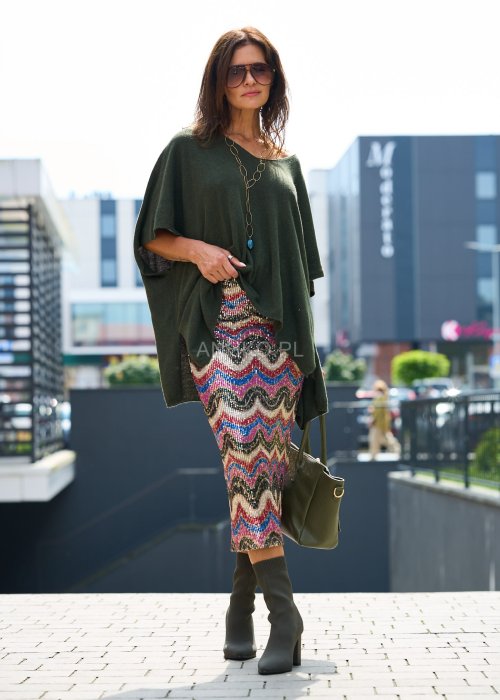 Spódnica damska midi w kolorowe zygzaki z cekinami, prosty krój, elegancka moda damska