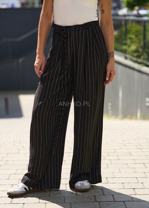 Czarne lniane spodnie w białe paski, szerokie nogawki, wysoki stan, styl oversize