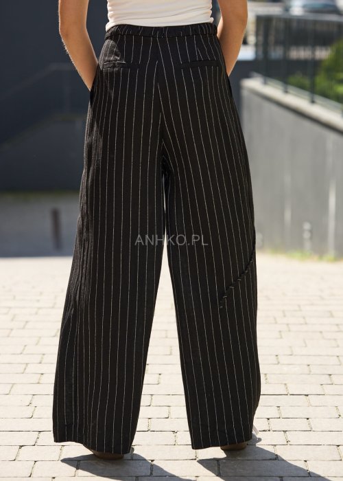Czarne lniane spodnie w białe paski, szerokie nogawki, wysoki stan, styl oversize