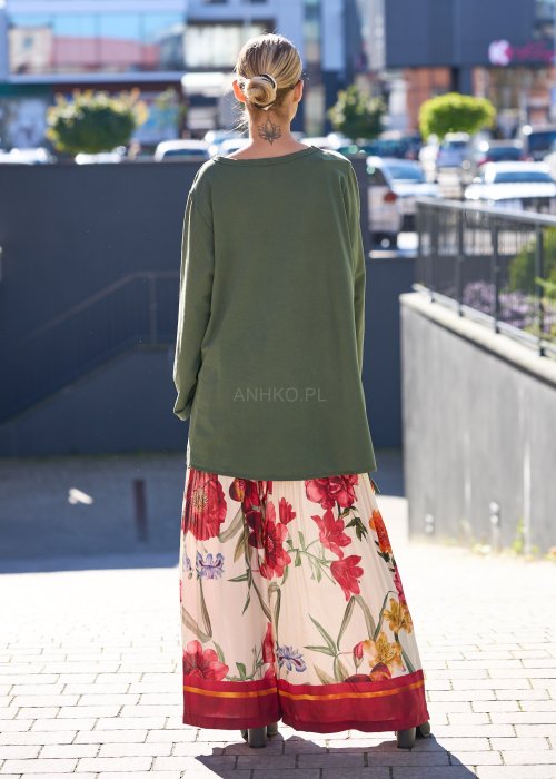 Spodnie damskie szerokie kremowo-bordowe z dużym kwiatowym nadrukiem, plisowane, długość maxi, styl boho elegancki