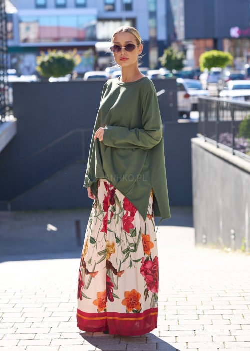 Spodnie damskie szerokie kremowo-bordowe z dużym kwiatowym nadrukiem, plisowane, długość maxi, styl boho elegancki