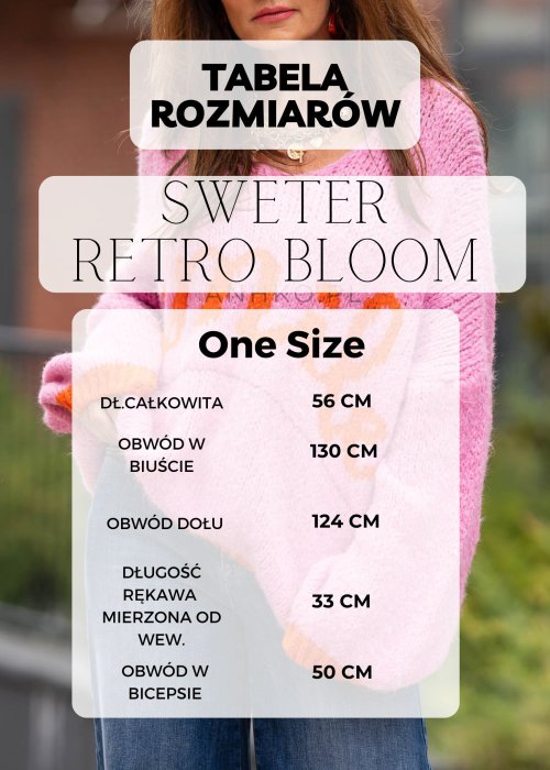 gruby, granatowy sweter o luźnym, oversize’owym kroju, z dużymi kolorowymi kwiatami