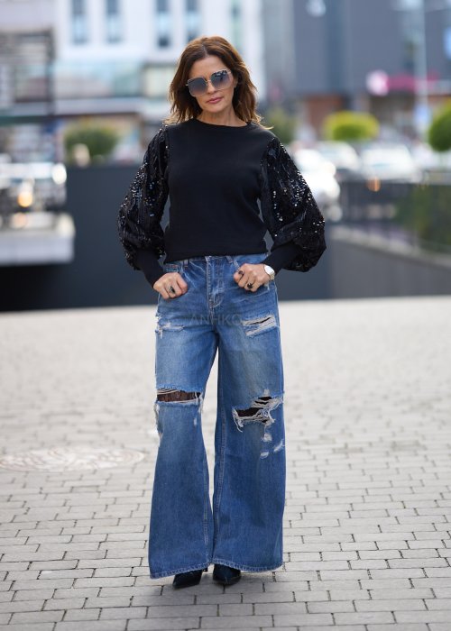 Szerokie jeansy z przetarciami i dziurami, denimowe spodnie w stylu oversize