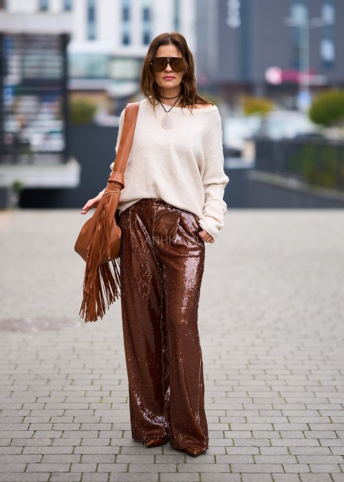 Cekinowe spodnie damskie Party Glam brązowe wide-leg z wysokim stanem i szerokimi nogawkami