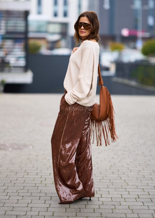 Cekinowe spodnie damskie Party Glam brązowe wide-leg z wysokim stanem i szerokimi nogawkami