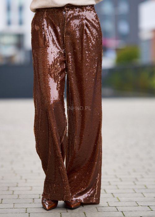 Cekinowe spodnie damskie Party Glam brązowe wide-leg z wysokim stanem i szerokimi nogawkami
