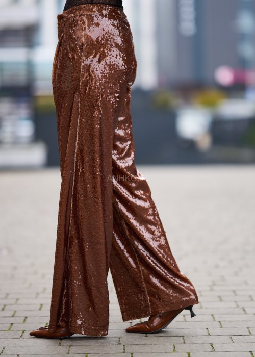 Cekinowe spodnie damskie Party Glam brązowe wide-leg z wysokim stanem i szerokimi nogawkami