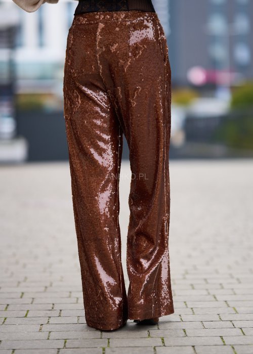 Cekinowe spodnie damskie Party Glam brązowe wide-leg z wysokim stanem i szerokimi nogawkami