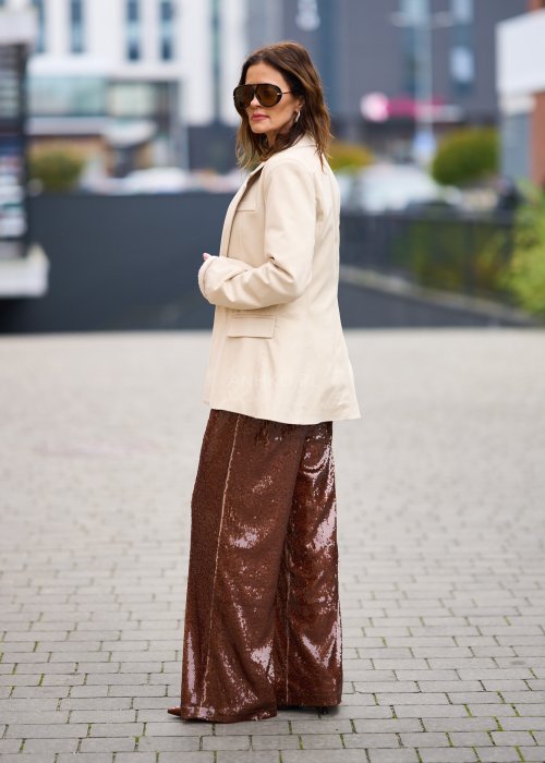 Cekinowe spodnie damskie Party Glam brązowe wide-leg z wysokim stanem i szerokimi nogawkami
